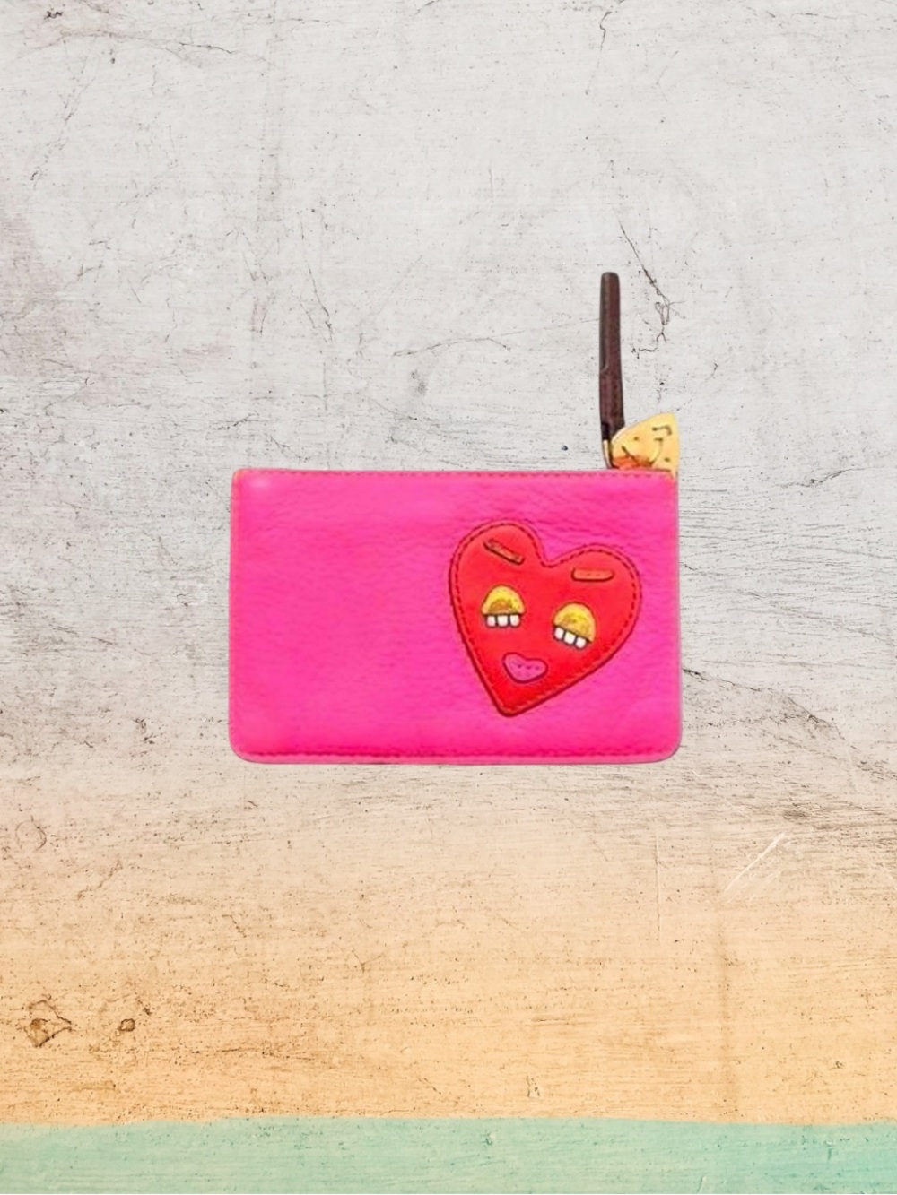 Tory Burch Perry Patchwork Leather Hearts Smiley Face Card Case Multi Color